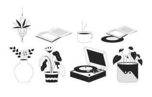 hippie boho interiör dekor svart och vit 2d linje tecknad serie objekt uppsättning. mysigt Tillbehör isolerat vektor översikt objekt samling. blomkrukor böcker, vinyl spelare enfärgad platt fläck illustrationer