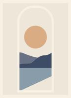 Strand und Berge Landschaft Illustration Poster. minimalistisch modern Vektor Karikatur Wasser Sicht.