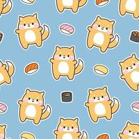 nahtlos Muster von süß Shiba inu Hund mit verschiedene Sushi Hintergrund.japanisch Haustier Tier Charakter Karikatur design.image zum Karte, Poster, Baby Kleidung,kawaii.vektorillustration. vektor