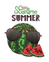 vektor handritad vattenmelon. bokstäver aloha söt tid sommar.