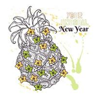 Vektor handgezeichnete Ananas sind mit Laternen des neuen Jahres verziert.