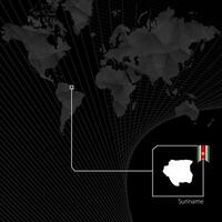 suriname på svart värld Karta. Karta och flagga av surinam. vektor