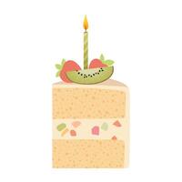 Scheibe von Geburtstag Kuchen mit Kerze. Stück von Kuchen zum glücklich Geburtstag Gruß Karte, Aufkleber, Banner, und Postkarte. Vektor Illustration isoliert auf ein Weiß Hintergrund.