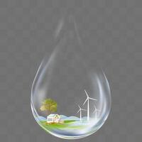 Grün Wasserstoff Hintergrund, Frühling Landschaft mit Windmühle Leistung Generator, Solar Zelle Paneele, Baum und modern Haus Innerhalb Wasser Tropfen, Umwelt Technologie, nachhaltig Entwicklung Ziele, SDGs Konzept vektor