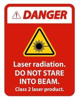 fara laserstrålning, stirra inte in i strålen, klass 2 laserproduktskylt på vit bakgrund vektor