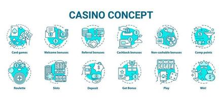 casino koncept ikoner set. hasardspel online och bonusar idé tunn linje illustrationer. spelautomater, kortspel, roulette. spelande. vektor isolerade konturer ritningar pack. redigerbar stroke