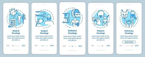 Onkologie Onboarding mobiler App-Seitenbildschirm mit Konzepten. medizinische und chirurgische Onkologie. Krebsbehandlung Walkthrough fünf Schritte grafische Anweisungen. ui-vektorvorlage mit rgb-farbillustrationen vektor