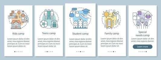 Kindercamps Onboarding mobiler App-Seitenbildschirm mit linearen Konzepten. Kinder- und Familienurlaub Walkthrough Schritte grafische Anweisungen. ux, ui, gui-Vektorvorlage mit Illustrationen vektor