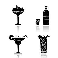 Getränke Schlagschatten schwarze Glyphe Icons Set. flammender Schuss, Margarita, Mojito, Wodka. Gläser mit Getränken, Flasche. alkoholische Mischungen und Erfrischungsgetränke für Partys, Feiern. isolierte vektorillustrationen vektor