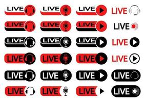 Reihe von Schaltflächen für Live-Streaming. Symbolsatz für Live-Streaming, Rundfunk, Online-Stream in schwarzer und roter Farbe. Icons mit Kopfhörern, Mikrofon und Play-Symbol für Online-Sendung vektor