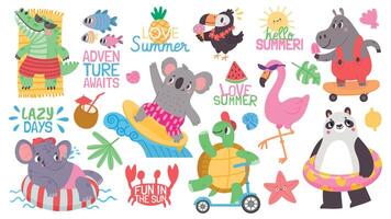 tecknad serie unge djur- sommar semester aktivitet på strand. koala surfare, flamingo och elefant simma på uppblåsbar ringa. tropisk fest vektor uppsättning