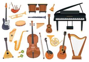 Karikatur klassisch Musik- Instrumente, Klavier, Posaune und Harfe. Volk Orchester Ausrüstung, Tambourin, Rohre, Ukulele und Gitarre Vektor einstellen
