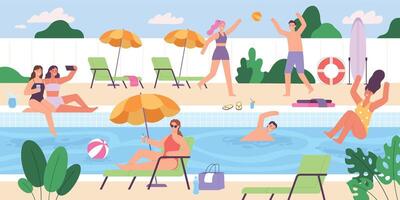 platt människor på utomhus- simning slå samman sommar fest. män och kvinnor spelar, solbad och har roligt. semester aktivitet händelse vektor scen