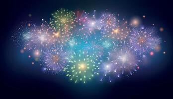 realistisch bunt Feuerwerk platzen im Nacht Himmel Hintergrund. Sommer- Festival, Jahrestag oder Weihnachten Feier. Feuerwerk Vektor bewirken