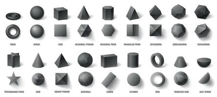 realistisch schwarz Basic geometrisch 3d Formen im oben und Vorderseite Aussicht isoliert auf Weiß. drei dimensional Objekte vektor