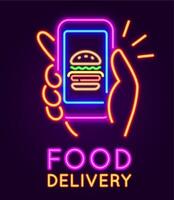 Essen Lieferung Neon- unterzeichnen. glühend Banner mit Hand halten Smartphone mit Burger. Handy, Mobiltelefon App zum online schnell Essen Cafe bestellen Vektor Konzept