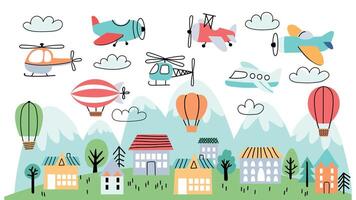 Kinder Kindergarten Poster mit Flugzeuge, Luft Luftballons und Wolken. Kinder Hintergrund mit Häuser, Berge und fliegend Flugzeuge, Vektor Landschaft