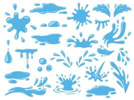 Karikatur Wasser Spritzer, fallen Regen Tropfen, Wellen und verschütten. frisch aqua Strom, Pfützen und Spritzer. Natur Blau Flüssigkeit bilden Symbole Vektor einstellen