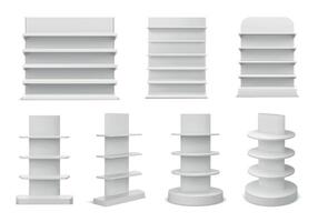 3d realistisk vit mataffär hyllor visa och bokhandel ställ. tömma marknadsföra, affär eller Lagra hylla. befordran stå attrapp vektor uppsättning
