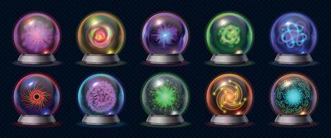 realistisch Magie Kristall Ball mit glühend Energie und Blitze. Vermögen vorhersagen Kugel, Okkulte Glas Globus mit mystisch Auswirkungen Vektor einstellen