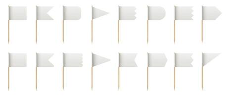 trä- tandpetare med vit papper flagga former för mat. realistisk liten tand plocka pinnar för lunch dekoration. 3d små flaggor vektor uppsättning