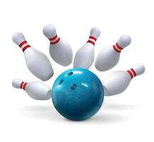 realistisch Bowling Ball Streik schlagen fallen Stift Kegeln. Schüssel Spiel Sport Wettbewerb. 3d Bowling abspielen Ziel, gewinnen Bewegung Vektor Konzept