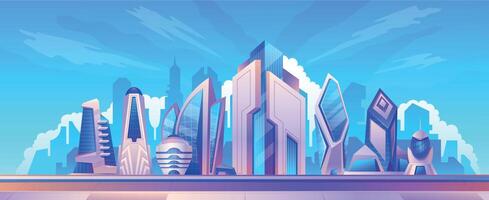 Karikatur futuristisch Clever Stadt Landschaft mit Glas Wolkenkratzer. modern städtisch Stadtbild die Architektur. Zukunft Metropole Gebäude Vektor Szene