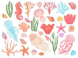 Ozean Elemente. Karikatur Algen, Korallen, Muscheln und Riff Tiere. Meer Seestern, Seepferdchen und Qualle. nautisch dekorativ Vektor einstellen