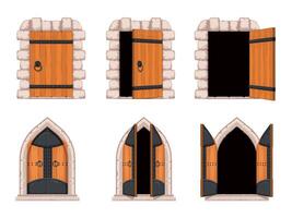 tecknad serie öppen och stängd medeltida slott dörr och hålan Port. gammal välvd trä, järn och sten portar. gammal fästning ingång vektor uppsättning