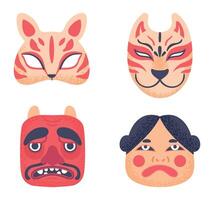 asiatisk kultur symboler. äkta japansk teater masker ansikten. traditionell mytologi tecken för maskerad vektor