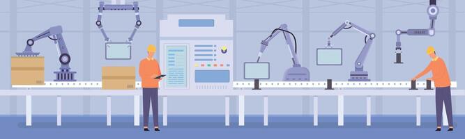 robot vapen och människor arbetare på tillverkning transportband linje. automatiserad hopsättning och förpackning Produkter maskineri. smart fabrik vektor begrepp