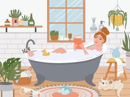 kvinna i bad. avslappnad flicka i badkar med skum bubblor läsa i badrum interiör med växter. själv vård och hygien, spa vektor begrepp