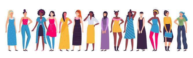 multietnisk grupp av kvinnor. vektor olika stående kvinna