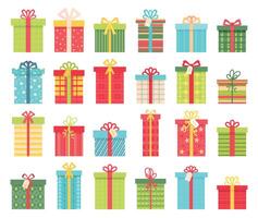 platt gåva lådor med band pilbågar, presenterar för födelsedag eller jul. tecknad serie paket omslag mönster. vinter- Semester dekoration vektor uppsättning
