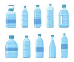 Karikatur Plastik Flaschen mit Wasser. Getränke Pakete, Haustier Behälter zum Getränk, Saft oder Limonade. Blau Verpackung zum Mineral Wasser Vektor einstellen