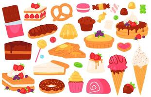 Karikatur Süßwaren Süßigkeiten. Schokolade Kuchen, Cupcake, Süss gebacken Gebäck und Pfannkuchen, Eis Creme, Gelee und Eclair. Dessert Essen Vektor einstellen