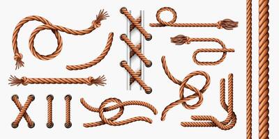 realistisk rep element. böjd sjöman jute tågvirke med slingor och knutar, hampa sladd borstar och tråd med tofs. rep i hål vektor uppsättning