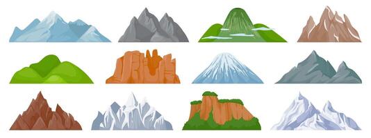 tecknad serie berg. snöig berg topp, kulle, isberg, klippig montera och klättrande klippa. landskap och turist vandring Karta element vektor uppsättning