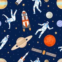 yttre Plats sömlös mönster. skriva ut med dans astronaut, rymdskepp, satellit, stjärnor och planeter. kosmisk äventyr platt vektor textur