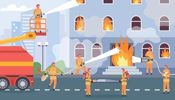 brand stridande team släcka brinnande byggnad och rädda människor. brandman med vatten slang sätta ut flamma. platt brand nödsituation vektor begrepp