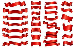 röd silke band banderoller. 3d böjd och spiral glansig band för grattis, öppning, gåva eller festlig. satin dekorativ band vektor uppsättning