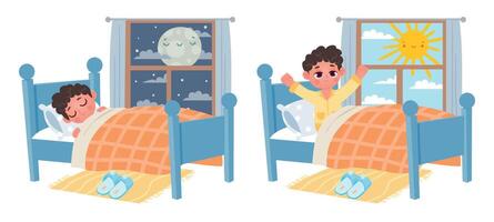 tecknad serie unge pojke sömn på natt, vakna upp på morgon. barn i säng och fönster med måne eller Sol. ljuv drömmar och friska sömn vektor begrepp