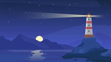 Leuchtturm beim Nacht. Meer Leuchtfeuer mit Strahl auf felsig Küste. Karikatur Navigation Licht Turm auf Strand, sternenklar Himmel und Ozean Vektor Landschaft