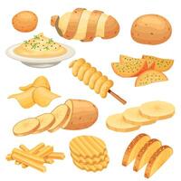 Kartoffel Gericht, Mahlzeit, Garnierung, Straße Essen und Snack. Französisch Fritten, rustikal und Maische Kartoffeln, Chips. Karikatur geschnitten Kartoffel Produkt Vektor einstellen