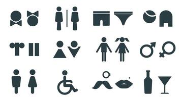 Toilette Symbole zum Mann und Frau, deaktiviert Person Toilette Symbol. männlich und weiblich Piktogramm Badezimmer Zeichen Design mit Lippen und Schnurrbärte Vektor einstellen