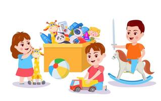 Kind spielen mit Spielzeuge. Kinder und Box mit Spielzeug Autos, Blöcke und tragen. Junge abspielen vorgeben auf schaukeln Pferd. Kinder Aktivität Vektor Konzept