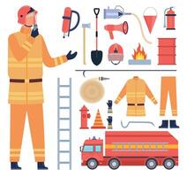 Karikatur Feuerwehrmann Charakter im Uniform, Feuerwehrmann Ausrüstung und Werkzeug. Wasser Schlauch, Feuer Motor, Feuerlöscher, Helm und Hydrant Vektor einstellen