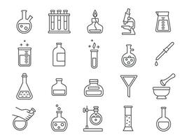 Chemie oder Wissenschaft Forschung Labor Ausrüstung Linie Symbole. Apotheke Labor Glaswaren, Becher, Prüfung Röhren und Flaschen Piktogramme Vektor einstellen