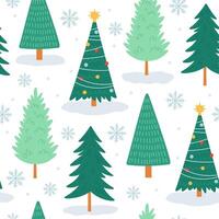 Weihnachten Baum nahtlos Muster. Noel drucken mit Schneeflocken, Weihnachten dekoriert und Wald Kiefer Bäume. Winter Urlaub süß Baum Vektor Hintergrund