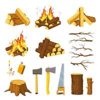 Holz Lagerfeuer. Baum Protokolle Haufen, Geäst, Holzfäller Axt, sah und Streichhölzer zum machen Lagerfeuer. brennen Brennholz Stapel mit Flammen, Bauholz Vektor einstellen